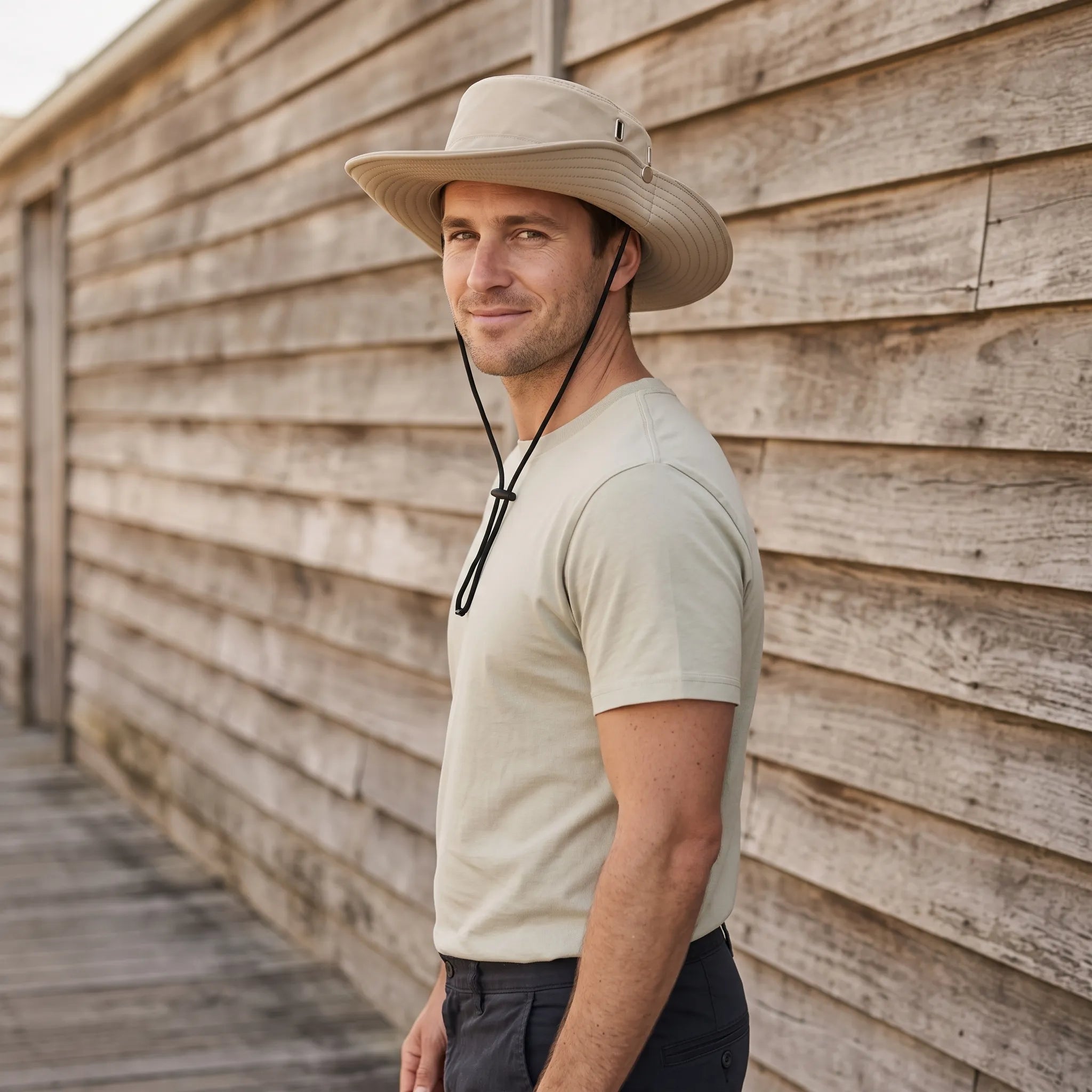 Wide brim bucket hat with adjustable chin strap for casual outdoor sun protection, made of polyester with a ventilated design. 0